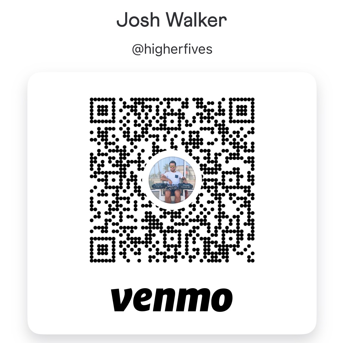 Venmo QR code for Josh Walker (@higherfives) to contribute $15 to Sweat Equity